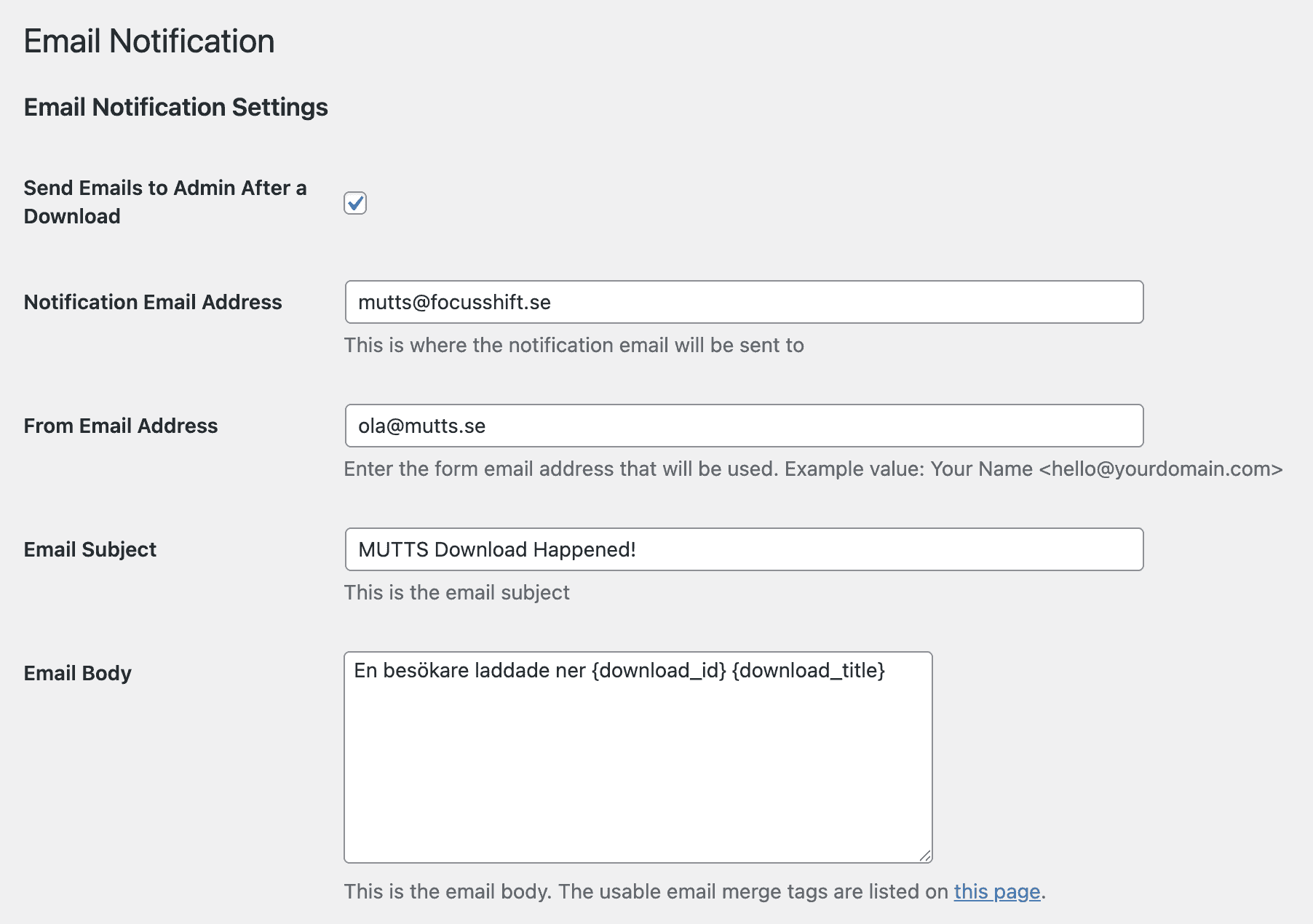 Email to admin config